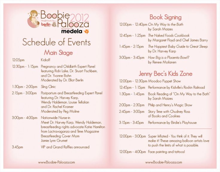 a pink brochure with the words schedule of events and information for children's book signing