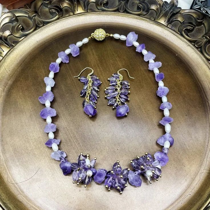 Whether you are the bride to be, or a bridesmaids, or the mother of the bride, this Bridal Jewelry is perfect for just about anyone! Purple Bridal Earrings With Matching Set, Amethyst Purple Earrings For Wedding, Purple Amethyst Earrings For Wedding, Wedding Earrings With Amethyst And Gemstone Accents, Wedding Jewelry With Natural Round Beads, Wedding Amethyst Earrings With Gemstone Accents, Amethyst Jewelry With Matching Earrings For Party, Wedding Jewelry With Round Natural Stones, Amethyst Earrings With Gemstone Accents For Wedding