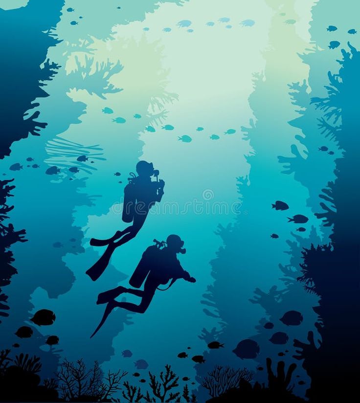 two scuba divers swimming in the ocean royalty illustration