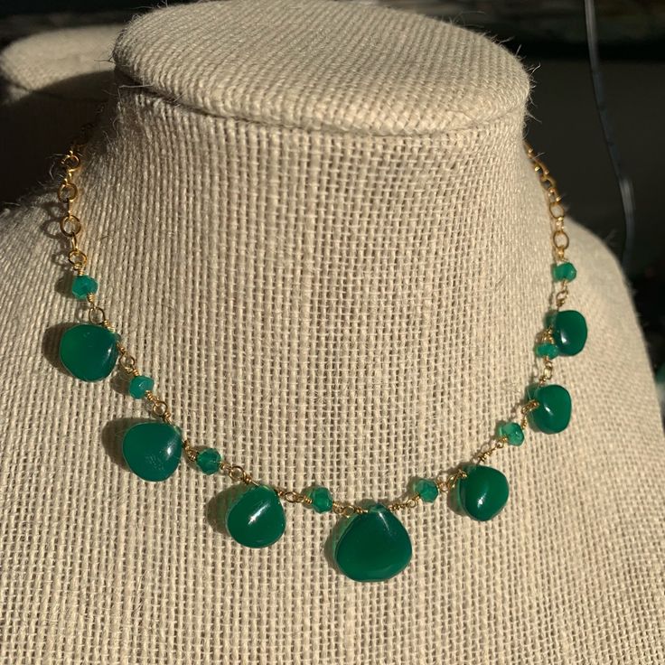 Beautiful Necklace Made Of Genuine Green Onyx Gemstone Natural Gemstone Tear Drops Beads Using 14k Gold Filled Chain Necklace Length Is 16” Inches Adjustable Necklace With Gemstone Accents, Elegant Gold Beaded Necklaces With Green Onyx, Elegant Jewelry With Natural Stones And Chrysoprase, Elegant Gold Beaded Necklace With Green Onyx, Elegant Chrysoprase Jewelry With Natural Stones, Gold Necklace With Green Onyx Gemstone Beads, Green Onyx Jewelry With Natural Stones For Jewelry Making, Green Onyx Round Beads Jewelry, Chrysoprase Gemstone Jewelry With Round Beads