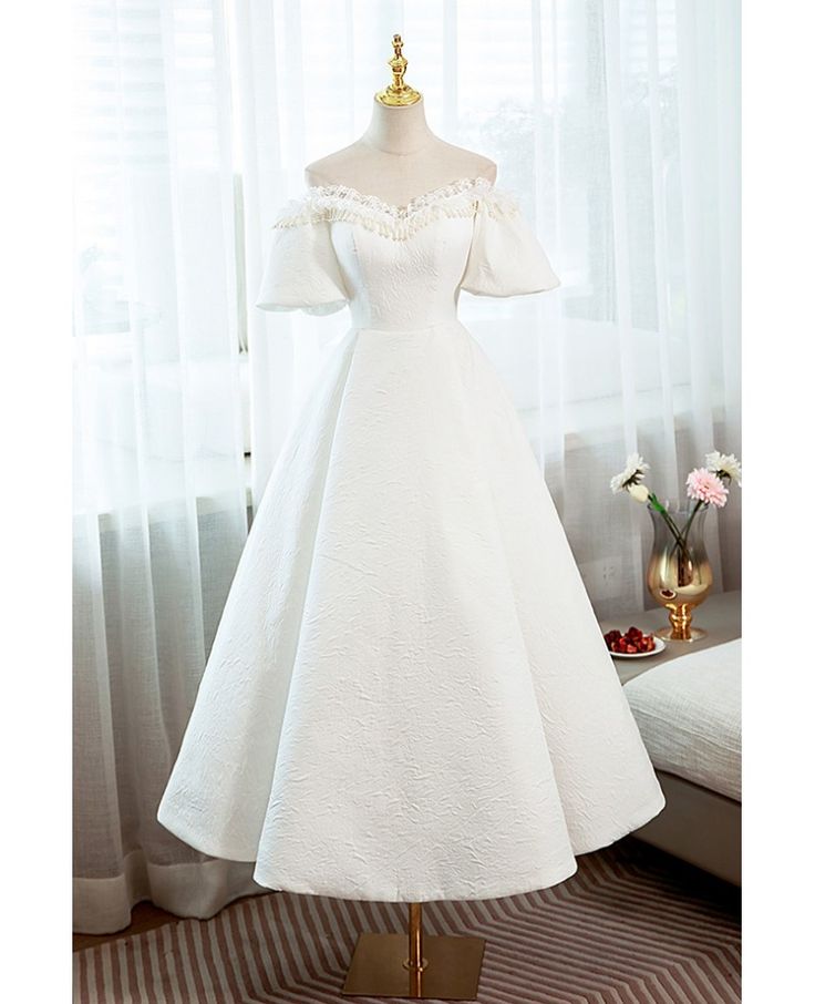 Buy elegant white tea length party dress with sleeves at cheap price online. Free stable shipping and pro custom service since 2009. Off The Shoulder Formal Dress, Party Dress With Sleeves, White Long Gown, Confirmation Dresses, Party Dresses With Sleeves, Prom Dresses Off The Shoulder, Elegant Party Dress, Simple White Dress, Gowns Dresses Elegant