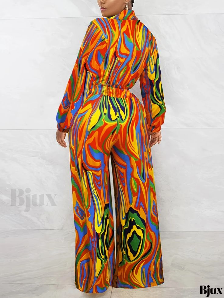 Bjux - Exquisite Plus Size Jumpsuit: Womens Elegant Fluid Print Long Sleeve Turn Down Collar Jumpsuit with Medium Stretch Casual Multicolor Party Sets, Multicolor Long Sleeve Jumpsuits And Rompers For Spring, Multicolor Stretch Party Sets, Multicolor Printed Long Sleeve Jumpsuits And Rompers, Multicolor Long Sleeve Jumpsuit For Summer, Multicolor Printed Party Bottoms, Fitted Orange Printed Jumpsuits And Rompers, Fitted Printed Orange Jumpsuits And Rompers, Multicolor Printed Stretch Jumpsuits And Rompers