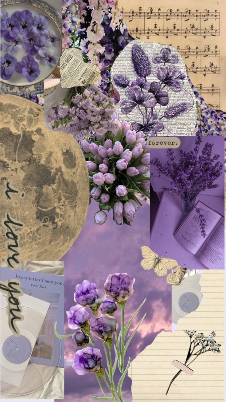 a collage of purple flowers and music notes with the moon in the sky above them