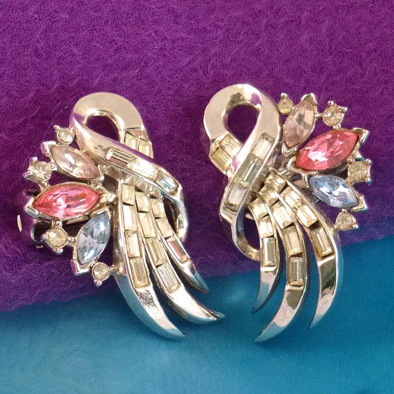 Pink Vintage Earrings For Anniversary, Retro Pink Jewelry For Formal Occasions, Pink Retro Style Jewelry For Formal Occasions, Vintage Pink Clip-on Earrings For Formal Occasions, The Comet, Trifari Brooch, Trifari Jewelry, Vintage Crown, Vintage Trifari