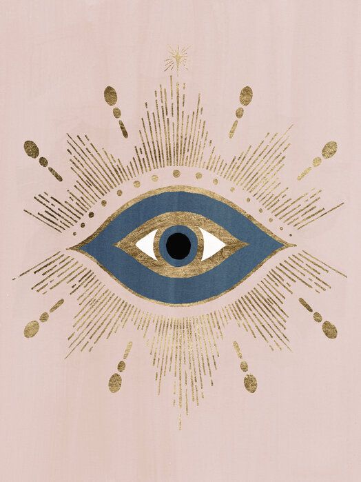 an eye with gold, blue and pink accents is featured in this art print on wood