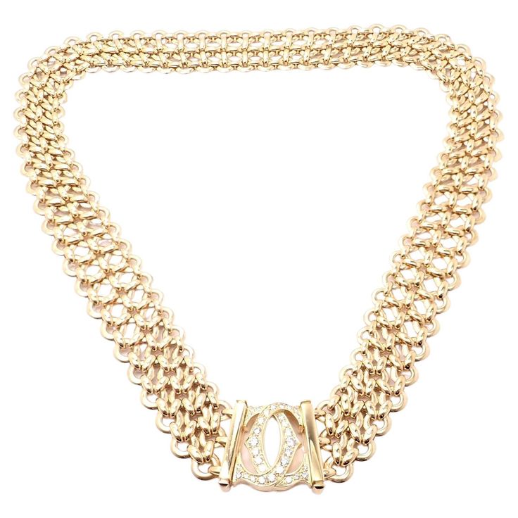 18k Yellow Gold Penelope Double C Diamond Three Row Necklace by Cartier. With 16 round brilliant cut diamonds VVS1 clarity, E color total weight approximately .70ct This stunning necklace comes with a Cartier box. Details: Weight: 132.8 grams Length: 16" Width: 20mm; Double C width: 24mm Stamped Hallmarks: Cartier 750 730XXX(serial number has been omitted) French Hallmarks *Free Shipping within the United States* YOUR PRICE: $46,500 T3274ooled Cartier Chain, Chloe 2024, Cartier Diamond, Cartier Gold, Yellow Gold Necklace, Cartier Jewelry, Stunning Necklace, Chain Pendant, Round Brilliant Cut Diamond