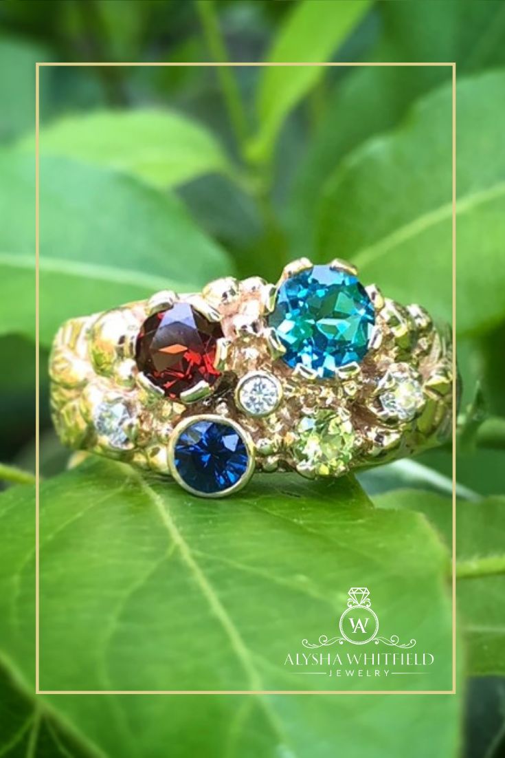 Custom Garden Ring - Mother's Ring, Family Ring in 14k Yellow Gold Heirloom Sapphire Ring With Diamond, Nature-inspired Sapphire Ring For Anniversary, Heirloom Diamond Birthstone Ring For May, Heirloom Diamond May Birthstone Ring, Heirloom Diamond Cluster Ring With Birthstone, Diamond Cluster Ring With May Birthstone, Unique Multi-stone Sapphire Ring For Anniversary, Unique Multi-stone Diamond Ring For Anniversary, Heirloom Multi-stone Diamond Ring For Anniversary