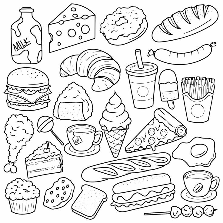 a black and white drawing of food items