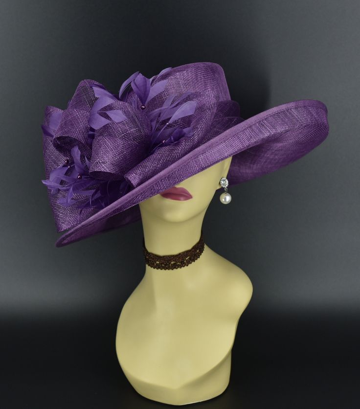 "✿*.Key Features.*✿ One of my favorite hats! It looks like a medium brim hat in pictures, actually the brim is more wide. Coming with big bows and trimmed feathers. 3 Layers high quality sinamay. It's more beautiful in person! Great for Kentucky derby, weddings, church, Easter, Royal Ascot, horse races, cocktails, tea party, or any hat wearing occasion. Hat base size: From front to back: 16.5\" (42cm) From left to right: 16\" (41cm) Wide brim appr: 4.25~5\" Head girth: 22.5\" (57cm) , adjustable Cheap Purple Brimmed Hat, Luxury Lavender Wedding Hat, High Crown Fedora For Kentucky Derby, Adjustable Purple Hat For Kentucky Derby, Purple Adjustable Hat For Kentucky Derby, Brimmed Mini Hat For Church In Sinamay, Bespoke Brimmed Hat With Adjustable Fit, Church Brimmed Mini Hat In Sinamay, Bespoke Adjustable Brimmed Hat