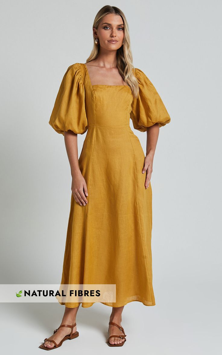 Amalie The Label - Zoya Linen Short Puff Sleeve Backless Maxi Dress in Gold Basic Black Dress, Spring Maxi Dress, Backless Maxi Dress, Neon Outfits, Bachelorette Dress, Navy Bridesmaid Dresses, Short Puff Sleeve, Long Sleeve Knit Dress, Backless Maxi Dresses