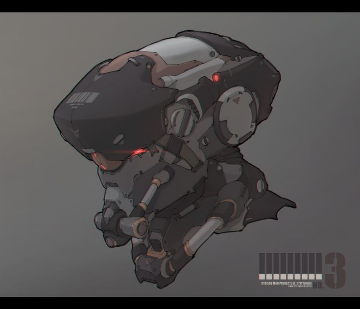 a futuristic looking robot with red eyes sitting on top of a gray surface in the air