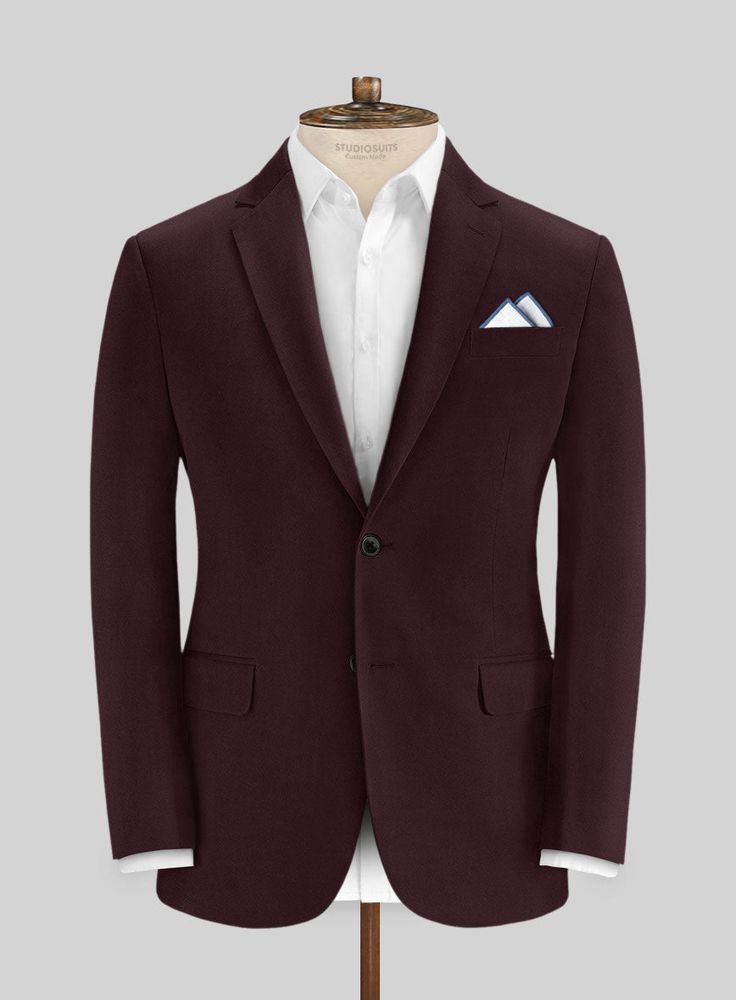 Elevate your next party occasion to new levels of elegance and sophistication with our Italian Eggplant Cotton Stretch Jacket, which offers a comfortable look that hugs your well-groomed physique with a smooth and luxurious texture. The stunning aubergine shade adds a touch of awe-inspiring beauty to your party look, making you the center of attention. Stand out from your everyday wear with this fashion statement that brings smart perfection to the spotlight, adding fresh air to your wardrobe choices.   Look Includes  Italian Eggplant Cotton Stretch Fabric  Two Button Jacket Style  Notch Lapel  Horn Royal Black Buttons  Single Vent  Three Cuff Buttons   You can change the look during customization if required.   Lining: Viscose; Dry Clean. Elegant Burgundy Suits For Workwear, Luxury Solid Color Formal Blazer, Elegant Burgundy Suit For Work, Elegant Burgundy Blazer For Party, Elegant Purple Suit For Formal Occasions, Luxury Burgundy Blazer For Formal Occasions, Elegant Burgundy Suit For Business Casual, Elegant Burgundy Outerwear For Party, Elegant Burgundy Business Casual Suit