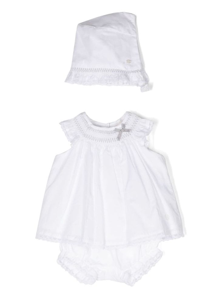 white cotton lace trim crew neck shirred panel bow detailing sleeveless scallop hem matching bloomers rear press-stud fastening