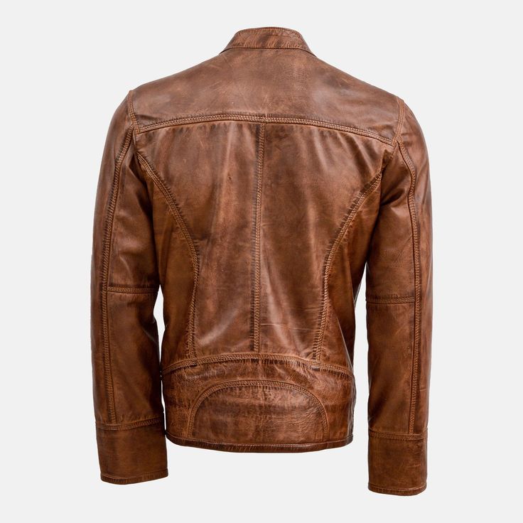 Introducing the Muztagh Premium Men's Brown Leather Waxed Jacket, a timeless fusion of sophistication and rugged charm. Crafted meticulously from premium sheep leather, this jacket boasts a classic vintage brown hue, exuding an air of effortless style. Its lightweight construction ensures comfort without compromising on durability. Embracing the iconic cafe racer design, this jacket embodies a sleek and tailored silhouette, perfect for any occasion, be it a casual outing or a night out in town. Rugged Brown Leather Jacket For Winter, Rugged Leather Jacket For Winter, Distressed Brown Fitted Rugged Outerwear, Fitted Rugged Distressed Brown Outerwear, Classic Brown Biker Jacket, Classic Brown Leather Jacket For Winter, Rugged Brown Leather Jacket With Leather Lining, Classic Distressed Brown Leather Biker Jacket, Rugged Fitted Distressed Brown Biker Jacket