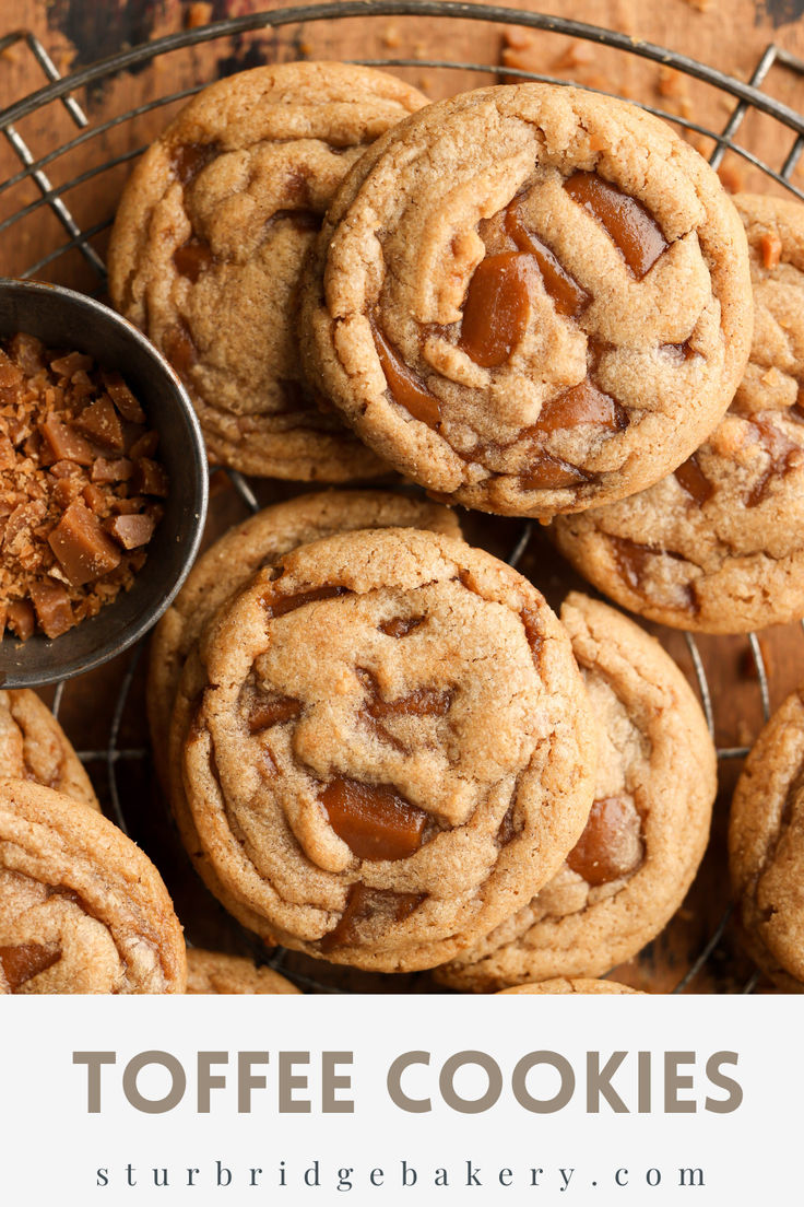 chocolate chip cookies are piled on top of each other with the words toffe cookies above them