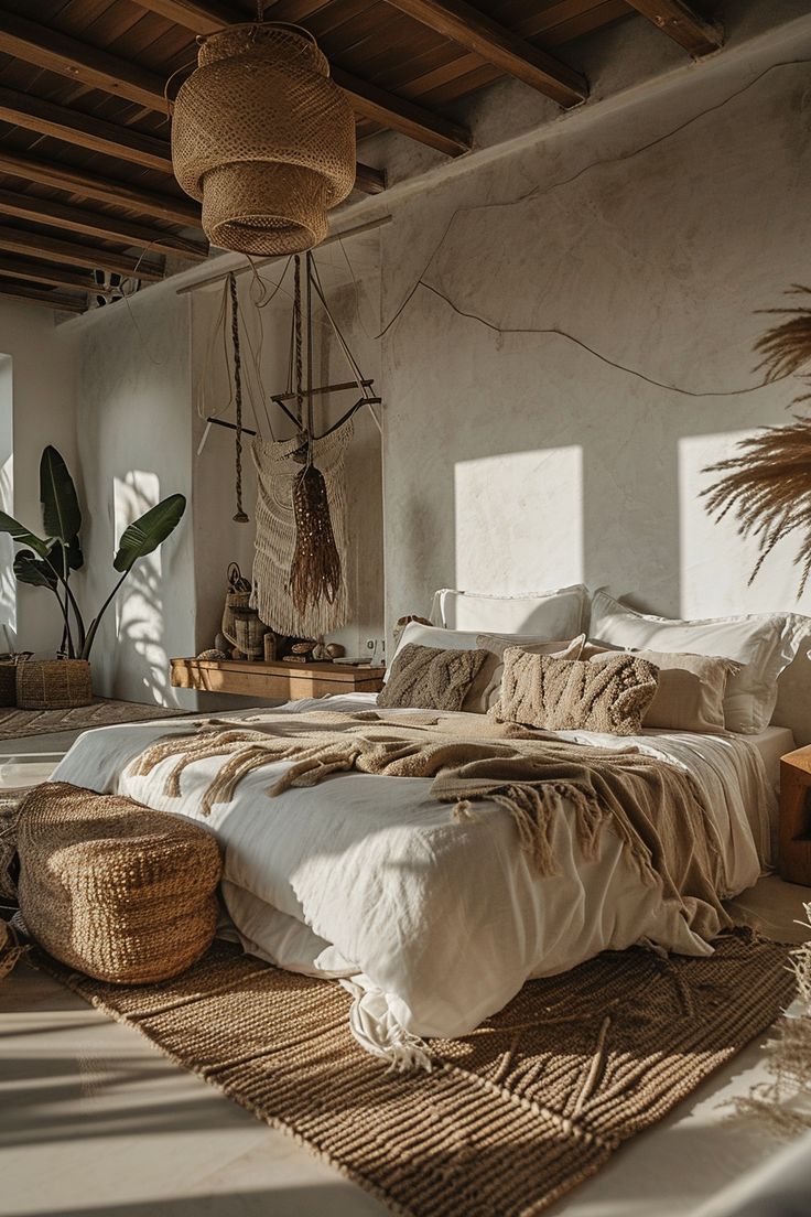 a large bed sitting in a bedroom on top of a floor next to a window