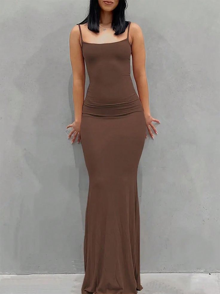 Women'S Super Long Cami Maxi Dress Khaki Sexy  Sleeveless Knitted Fabric Plain Cami High Stretch  Women Clothing, size features are:Bust: ,Length: ,Sleeve Length: Mode Jeans, Coffee Black, Bodycon Maxi Dresses, Color Coffee, Maxi Slip Dress, Suspender Dress, Elegant Chic, Hip Dress, Body Fit