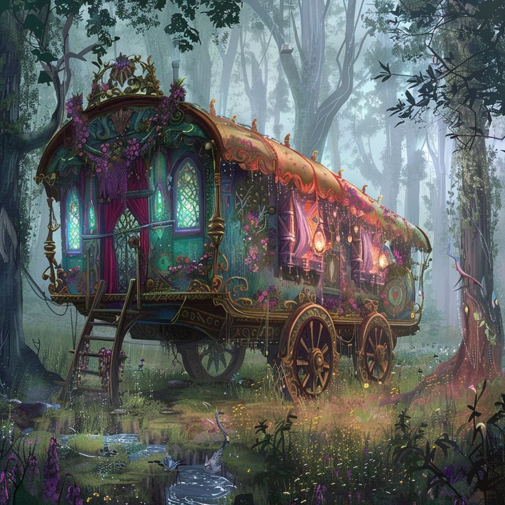 an old fashioned carriage in the middle of a forest