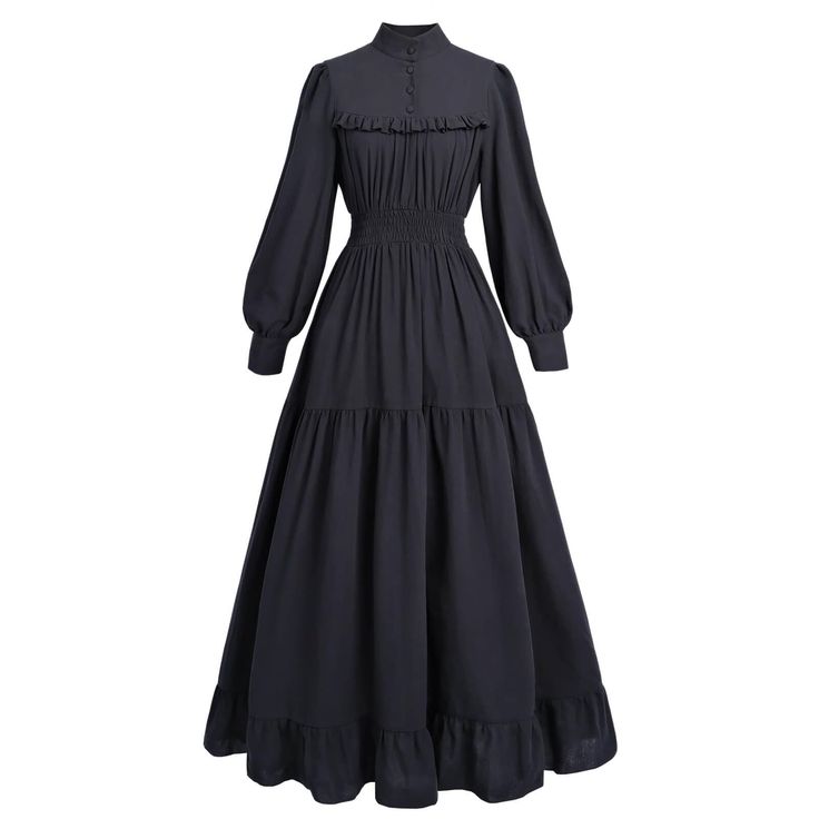 PRICES MAY VARY. FEATURES: The black gothic victorian dress features high necklines, long sleeve, ruffle details and hemline.The smocked waist enhances the Victorian rococo dress, making it suitable for plus size women. Featuring functional buttons on the front and sleeve cuffs, this womens victorain dress is not only elegant but also easy to put on and take off. COTTON FABRIC: The black renaissance dress is made of 100% cotton. It is soft, breathable and skin-friendly. It maybe a a little wrink 1910 Black Dress, Black Fall Formal Dress, Modest Witch Costume, Long Sleeve Victorian Dress, Gothic Edwardian Fashion, Black Dresses With Long Sleeves, Dark Academia Black Dress, Modest Black Dresses, Poor Victorian Clothes