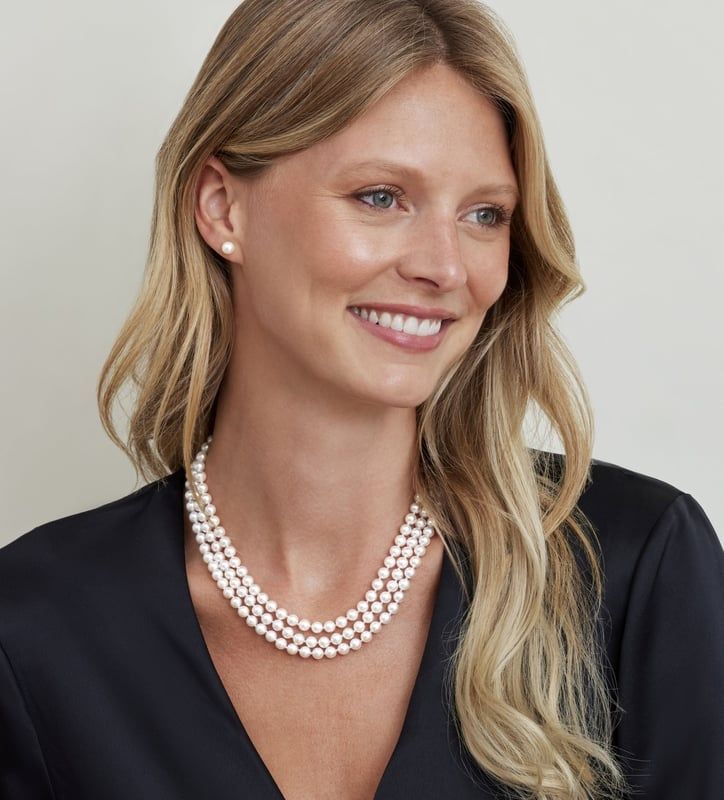 Triple Strand White Akoya Pearl Necklace Triple Pearl Necklace, Formal Multi-strand Pearl Necklace, Elegant Double Strand Akoya Pearl Necklace, Elegant Multi-strand Pearl Necklace With Charm, White Double Strand Pearl Necklace For Formal Occasion, Luxury White Double Strand Pearl Necklace, Elegant Multi-strand Pearl Necklace For Formal Occasions, Classic Multi-strand Jewelry With Pearl Charm, Formal Multi-strand Pearl Necklace With Charm