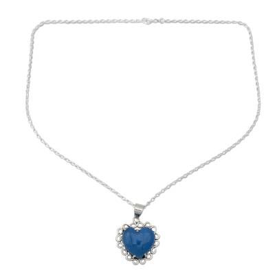 Shanker designs a necklace of romantic elegance that is crafted by hand of sterling silver. The necklace glows with the enhanced blue beauty of chalcedony believed to harmonize mind body and spirit. .925 Sterling silver Elegant Heart Pendant Crystal Necklace For Valentine's Day, Elegant Valentine's Day Crystal Necklace With Heart Pendant, Elegant Sterling Silver Heart Necklace With Gemstone, Elegant Silver Crystal Necklace For Valentine's Day, Elegant Blue Heart Necklace, Elegant Valentine's Day Crystal Pendant Necklace, Elegant Sapphire Necklaces For Valentine's Day, Elegant Blue Necklaces For Valentine's Day, Spiritual Blue Heart Pendant Necklace