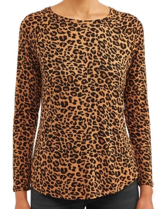 Time and Tru Women Small Shirt Leopard Print Long Sleeve Round Hem Rayon Spandex Casual Stretch Blouse For Fall, Stretch Crew Neck Long Sleeve Top For Fall, Brown Stretch Long Sleeve Top For Fall, Stretch Brown Long Sleeve Top For Fall, Brown Stretch Tops For Fall, Fall Leopard Print Stretch Blouse, Casual Leopard Print Stretch Tops, Fall Stretch Leopard Print Blouse, Stretch Leopard Print Blouse For Fall