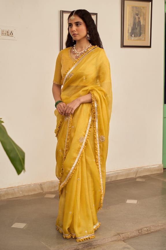 Yellow sheer woven textured saree with marori embroidered butti patterns and pleated lace border. Comes with blouse. - Aza Fashions Blouse For Women, Lace Border, Saree With Blouse, Embroidered Silk, Aza Fashion, Types Of Sleeves, Blouses For Women, Saree, V Neck