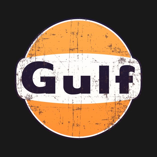 an orange and white logo with the word gulf in black letters on top of it