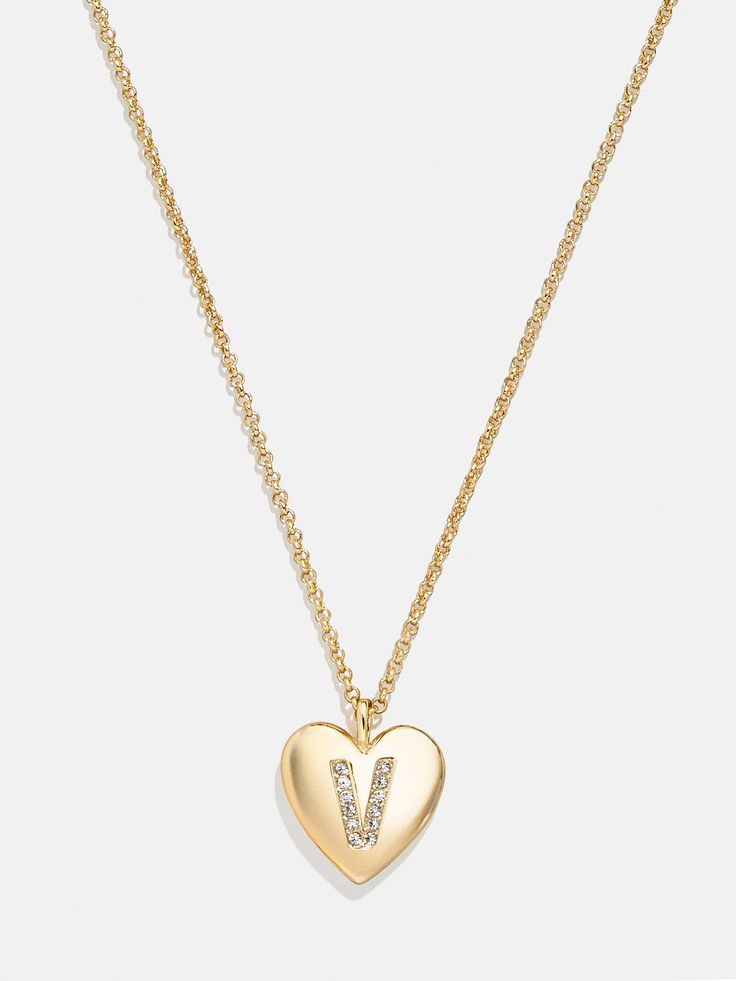 variant:V Valentine's Day Gold-tone Charm Necklace, Gold-tone Charm Necklaces For Valentine's Day, Valentine's Day Heart Charm Initial Pendant Necklace, Gold Initials Charm Necklace For Valentine's Day, Valentine's Day Gold Charm Necklace With Initials, Gold-tone Heart Pendant Necklace For Valentine's Day, Gold Heart Initial Pendant Necklace For Valentine's Day, Gold Heart Initial Necklace With Heart Charm, Gold Initial Necklace With Heart Charm