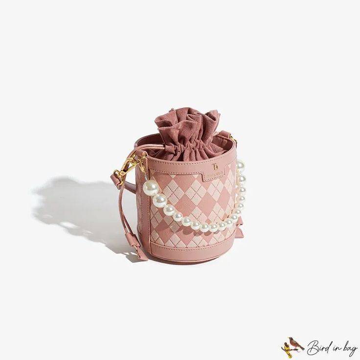 Bird in Bag - Popular rhombus spell color women's bag drawstring bucket bag new single shoulder crossbody bag pearl chain handbag Daily Use Bucket Shoulder Bag With Pearl Handle, Everyday Bucket Shoulder Bag With Pearl Handle, Everyday Use Bucket Shoulder Bag With Pearl Handle, Elegant Pink Bucket Bag With Large Capacity, Elegant Pink Large Capacity Bucket Bag, Chic Bucket Bag With Pearl Handle, Large Capacity Bucket Bag, Bucket Bag With Pearl Handle, Chain Handbag