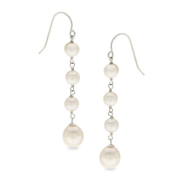 Complement her formal evening wear with the stunning good looks of these pearl drop earrings. Crafted in sterling silver, each luminous dangle features an 8.0-9.0mm baroque-shaped cultured freshwater pearl suspended beneath a chain length decorated with three lustrous 5.0-6.0mm potato-shaped cultured freshwater pearls. Beautifully finished and ready to wear, these earrings secure with French wire backs. Silver Pearl Drop Earrings, Zales Zales, Formal Evening Wear, Freshwater Pearl Drop Earrings, French Wire, Pearl Types, Freshwater Cultured Pearls, Pearl Size, Pearl Drop Earrings