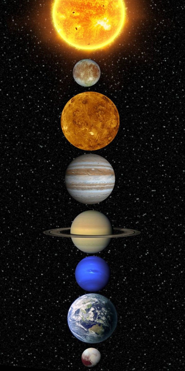 the solar system with eight planets in front of it, all showing different colors and sizes