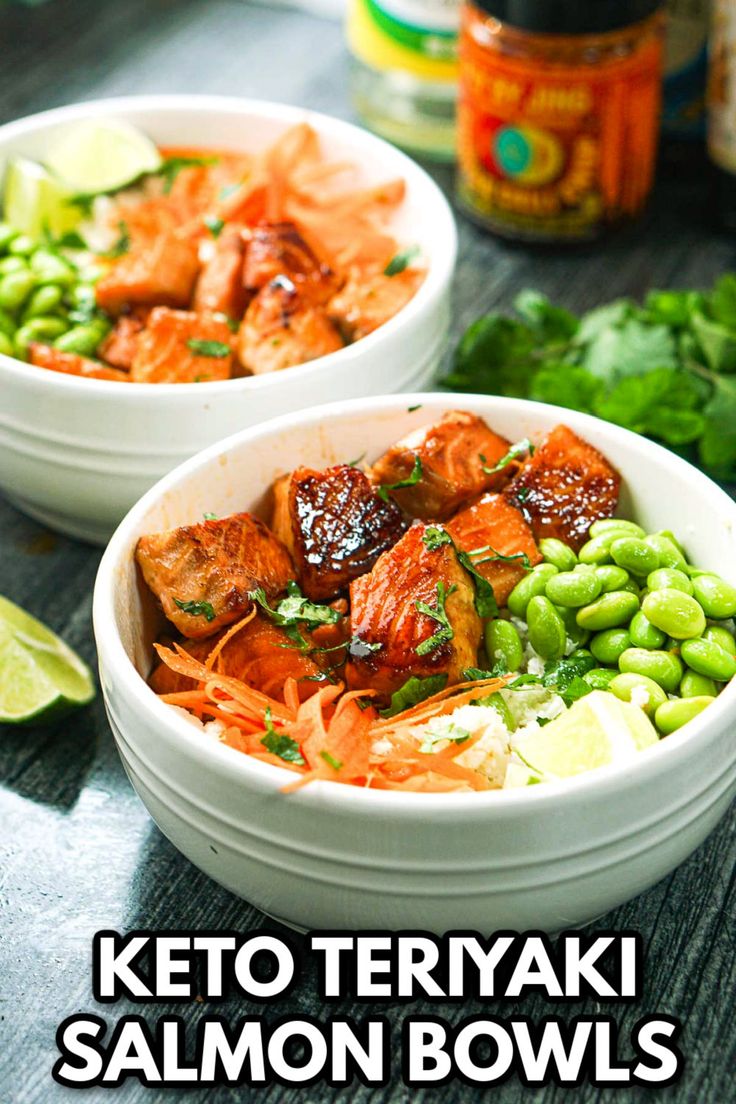 white bowls with keto teriyaki salmon buddha bowls and text Keto Rice Bowl Recipe, Salmon Bowl Low Carb, Salmon Bowl With Cauliflower Rice, Keto Teriyaki Salmon, Salmon Meal Prep Ideas Low Carb, Keto Salmon Bowl Recipes, Salmon Food Recipes, Salmon Keto Bowl, Salmon Cauliflower Rice Bowl