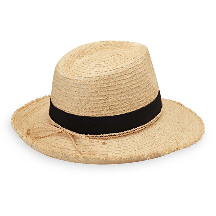 This hat combines effortless style with a laid-back vibe, thanks to its natural fiber weave and subtly frayed brim. Ideal for outdoor festivals, beach parties, or evenings at a tiki bar, it’s the ultimate accessory for sun-soaked adventures. The black ribbon and braided raffia trim add a sophisticated yet casual touch, making it a versatile piece that stands out wherever you go. UPF 50+ fabric blocks 97.5% of ultraviolet rays, according to the Australian Radiation Protection Agency 3 ¼" brim Inn Woven Straw Panama Hat With Flat Brim, Wide Brim Straw Boater Hat For Vacation, Vacation Wide Brim Straw Boater Hat, Handwoven Adjustable Fedora For Vacation, Spring Braided Toquilla Straw Hat, Adjustable Handwoven Fedora For Vacation, Summer Braided Boater Hat In Toquilla Straw, Summer Woven Fedora In Palm Leaf, Summer Braided Fedora Straw Hat