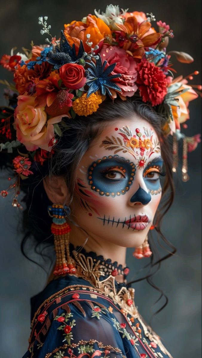 Nem Halloween Makeup, Geek Outfit, Catrina Costume, Halloween Makeup Sugar Skull, Creative Halloween Makeup, Skull Face Paint, Fashion Costume Halloween, Sugar Skull Costume, Den Mrtvých