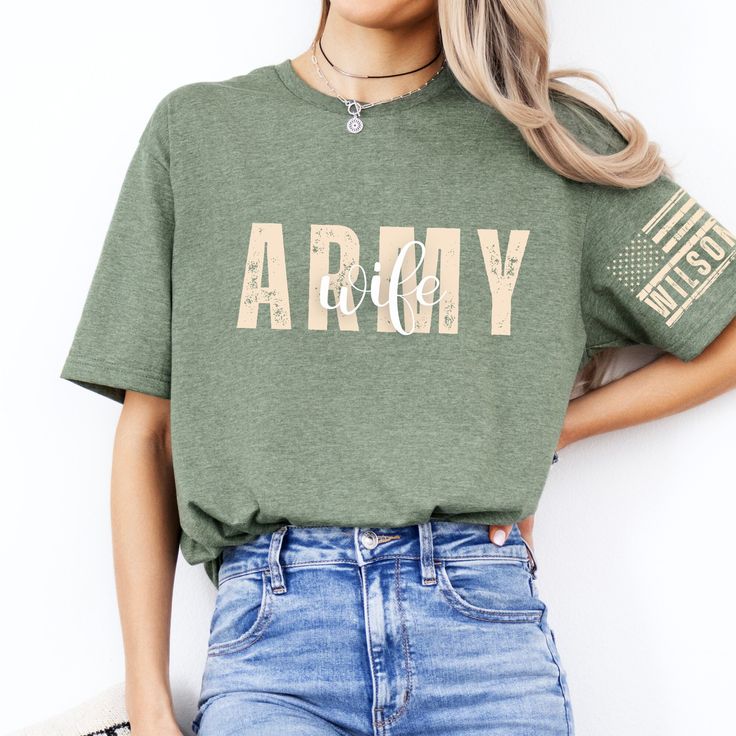 Customize both the front design and sleeve design of this Army shirt for any member of your Army family. Personalize the front design with ANY TITLE, such as "Army Wife," "Army Dad," or "Army Mom," and the sleeve design with a last name or any other word you choose. This shirt also makes a great gift for Army veterans or anyone who proudly supports our U.S. Army Troops 🔗 LINKS TO OTHER ARMY MILITARY SHIRTS https://etsy.me/3USgYTU 👕 WHAT YOU ARE GETTING -Personalized Army shirt -Order in adult Khaki Short Sleeve Tops With Letter Print, Khaki Short Sleeve T-shirt With Letter Print, Khaki Crew Neck Tops With Graphic Print, Khaki T-shirt With Letter Print, Short Sleeve, Khaki Graphic Tee With Letter Print, Khaki Graphic Tee With Graphic Print, Khaki Relaxed Fit Top With Letter Print, Relaxed Fit Khaki Top With Letter Print, Army Mom Shirts