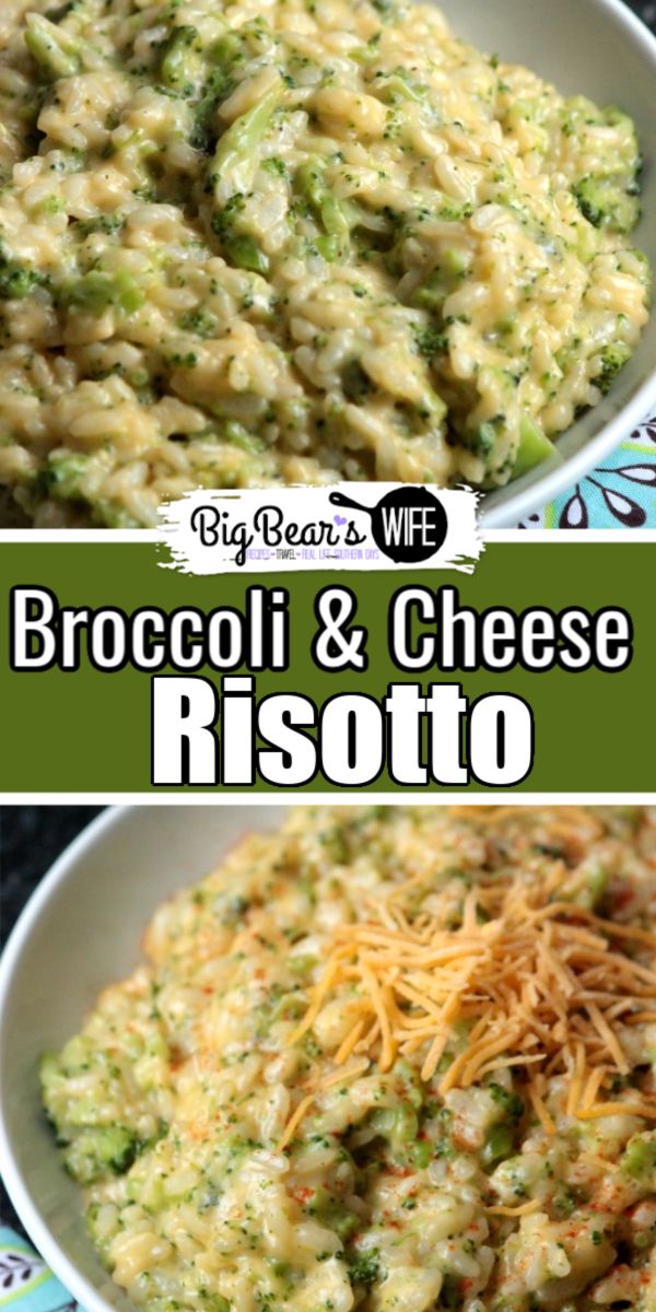 broccoli and cheese risotto in a white bowl