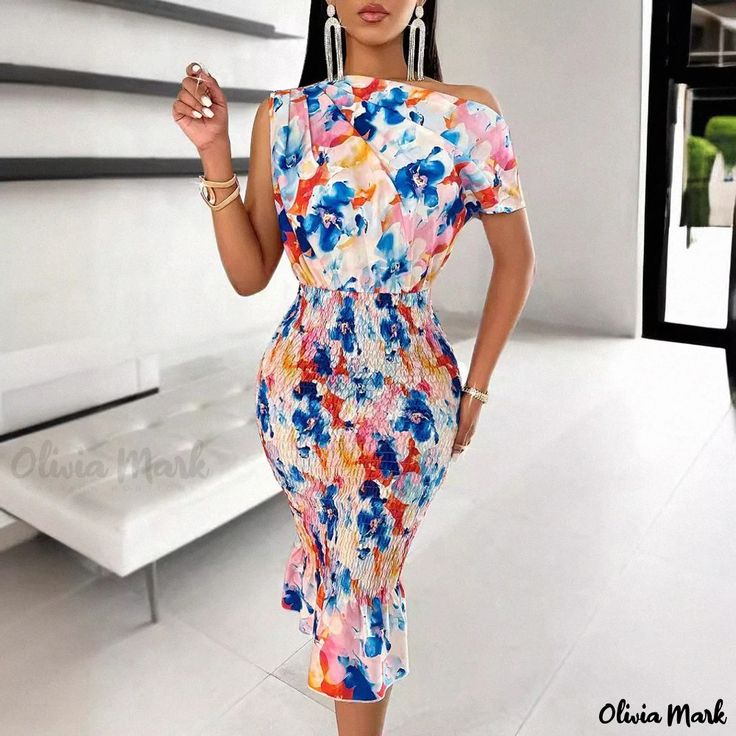 Olivia Mark - Printed Casual Off-Shoulder Bodycon Dress Off-shoulder Bodycon Dress For Summer Day Out, Fitted Knee-length Off-shoulder Summer Dress, Summer Stretch Off Shoulder Dress, Summer Stretch Off-shoulder Dress, Fitted Knee-length Off Shoulder Summer Dress, Fitted Knee-length Off Shoulder Dress For Summer, Casual Off-shoulder Bodycon Dress For Summer, Casual Fitted Sleeveless Off Shoulder Dress, Summer One Shoulder Fitted Midi Dress