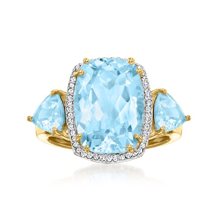 Ross-Simons - 7.55ct t. w. Sky Blue Topaz, .13ct t. w. Diamond Ring Emerald Cut Over Sterling. Size 7. Indulge in the sophisticated beauty of sky blue topaz and diamonds. This ring features a 6.25 carat rectangular cushion-cut sky blue topaz sided by 1.30 ct. t. w. triangular sky blue topaz with .13 ct. t. w. round diamonds. Set in polished 18kt yellow gold over sterling silver. 5/8" wide. Diamond and sky blue topaz ring. Blue Topaz birthstones are the perfect gift for December birthdays. Diamond Ring Emerald Cut, Diamond Ring Emerald, Sky Blue Topaz Ring, Topaz Birthstone, Ring Emerald Cut, Emerald Cut Diamond Ring, Sky Blue Topaz, Blue Topaz Ring, Topaz Ring