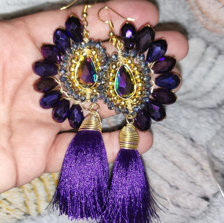 Nwot Earrings Handmade From Artesanos Of Guadalajara Jalisco Beautiful Purple Crystal Beads And Stones With Tassel Adjustable Bohemian Earrings For Parties, Unique Tasseled Jewelry, Unique Tassel Jewelry, Handmade Tassel Earrings For Wedding, Adjustable Tassel Jewelry For Festive Occasions, Bohemian Handmade Danglers For Party, Bohemian Teardrop Chandelier Earrings For Party, Bohemian Adjustable Chandelier Earrings For Parties, Adjustable Bohemian Chandelier Earrings For Party