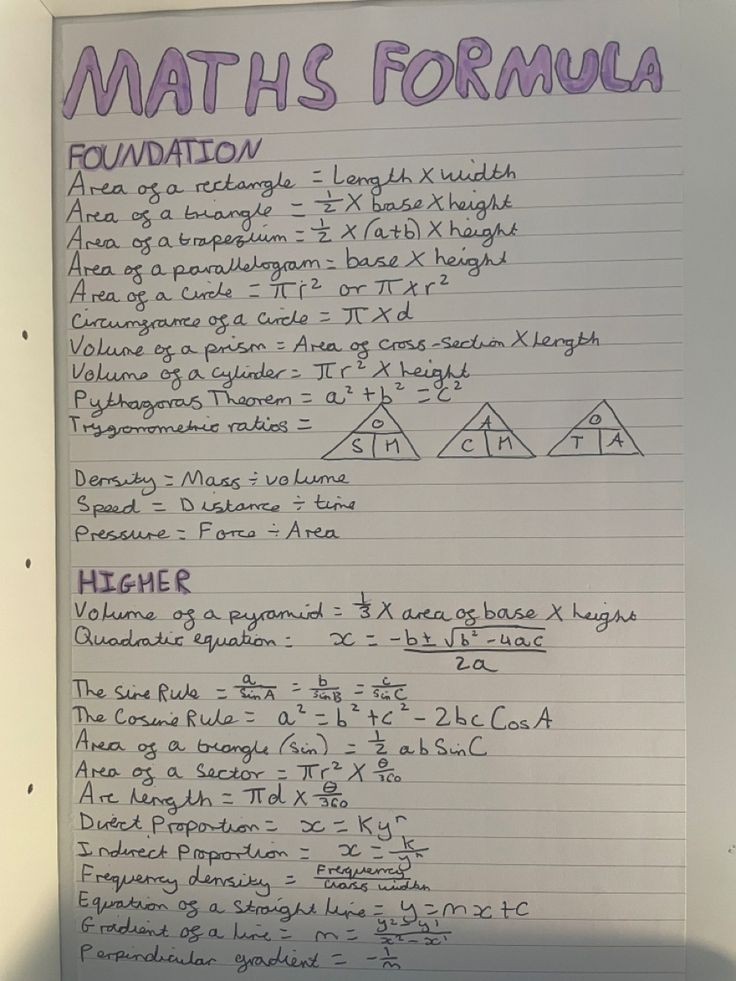 a piece of paper with writing on it that says maths formula written in purple ink