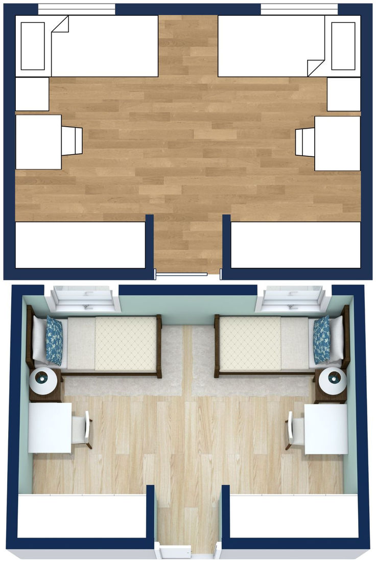 A 2D and 3D floor plan of a small kids bedroom with two single beds, and a desk mirroring each other. Twin Room Layout, Kids Bedroom Layout, Small Kids Bedroom, Bedroom Floor Plan, Small Bedroom Layout, Two Twin Beds, Girl Time, Bedroom Layout, Kid Bedroom