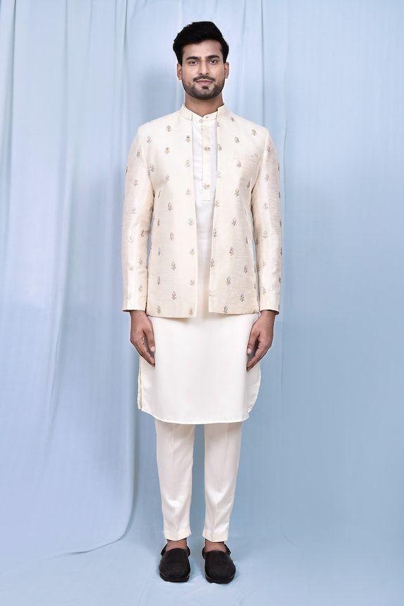 Cream jacket with thread embroidered floral butta. Paired with matching kurta and pant. - Aza Fashions Pant Art, Cream Jacket, Cocktail Reception, Nehru Jackets, Kurta With Pants, Embroidered Jacket, Pants Pattern, Embroidered Silk, Raw Silk