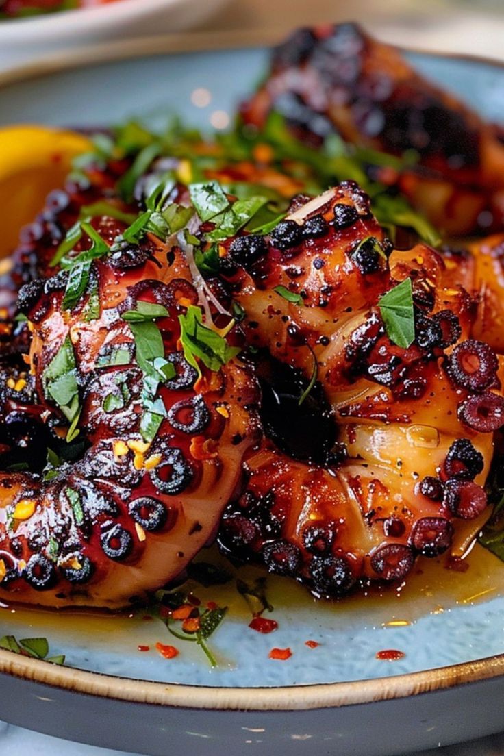 a blue plate topped with grilled octopus next to lemon wedges