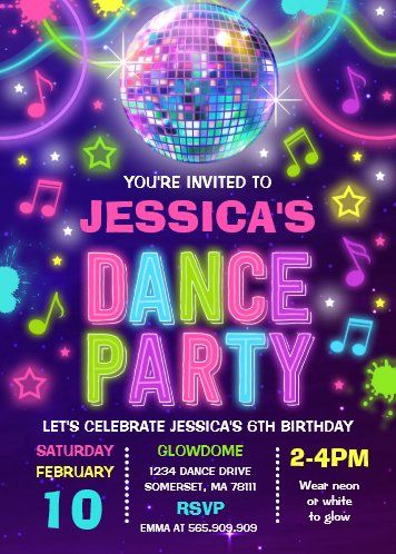 a flyer for a dance party with disco balls and music notes on the back ground