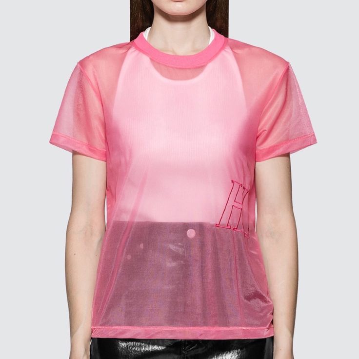 Helmut Lang Femme Nylon Little T-Shirt Short Sleeve Round Neckline Tonal Logo Embroidered See Through Design Color: Pink 90% Polyamide, 10% Elastane #Tu Sheer Short Sleeve T-shirt, Casual Short Sleeve Mesh Top For Streetwear, Spring Streetwear Short Sleeve Mesh Top, Trendy Mesh Short Sleeve Tops, Trendy Short Sleeve Mesh Top, Mesh Short-sleeve T-shirt For Spring, Mesh Short Sleeve T-shirt For Spring, Mesh Short Sleeve T-shirt For Streetwear, Short Sleeve Mesh T-shirt For Spring