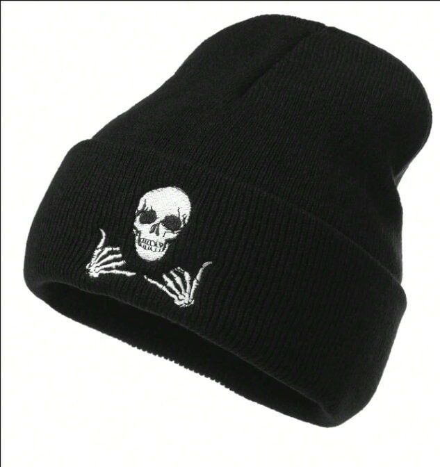 Color:Black Material:Fabric Composition:100% Acrylic Black Embroidered Beanie Cap, Black Embroidered Beanie For Winter, Black Embroidered Beanie One Size, Black Embroidered Beanie, One Size Fits Most, Black Skull Hat For Halloween, Black Cotton Halloween Hat, Black Skull Print Hat For Streetwear, Casual Skull Print Hats For Streetwear, Black Embroidered Beanie Hat