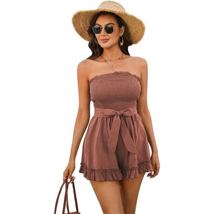 - 90% Cotton, 10% Linen - Imported - Pull On Closure - Hand Wash Only -Summer Romper:Jumpsuit Is Made Of 90% Cotton+10% Linen, S Exy And Classy, Soft And Comfortable, Light And Breathable, It Is A Must-Have Jumpsuit In The Wardrobe. -Features: This Romper Dress Has Strapless Wrap Chest Design, Straight Neckline With Ruffle Decorated, Smocked Bodice, Matched Belt Is Removable, Ruffled Hem. -Category: Womens Wrap Chest Romper/ Mini Jumpsuit/ Dressy Shorts Rompers/ Womens Jumpsuits/ Solid Playsuits Summer Brunch Jumpsuits And Rompers With Smocked Back, Summer Beach Jumpsuits And Rompers With Elastic Waistband, Summer Brunch Jumpsuits And Rompers With Elastic Waistband, Casual Strapless Jumpsuit For Beach With Smocked Back, Casual Strapless Jumpsuit With Smocked Back For Beach, Casual Jumpsuits And Rompers For Spring And Summer, Casual Jumpsuits And Rompers For Summer Outings, Spring Jumpsuits And Rompers With Smocked Bodice For Brunch, Summer Jumpsuits And Rompers With Elastic Waistband For Beach