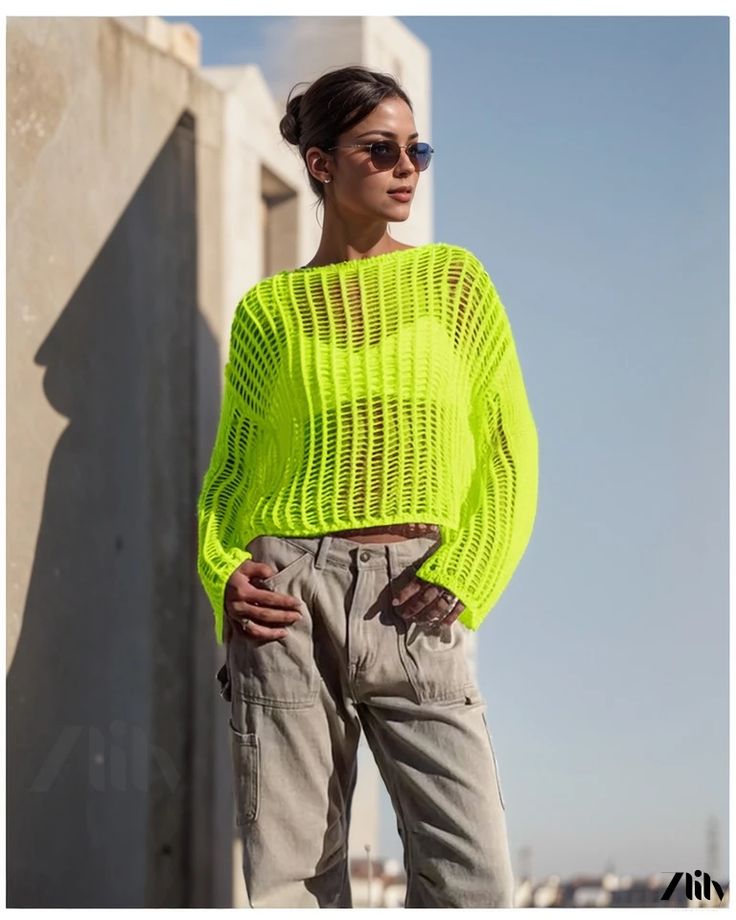 Zlily - Long-sleeved Mesh Knit Sun Protection Cover-up Shirt Top for Layering Color Combination, Flared Sleeves, Single Piece, Shirt Top, Types Of Collars, Sun Protection, Color Combinations, Types Of Sleeves, Layering