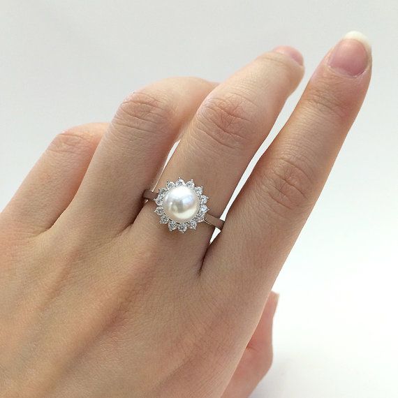 Freshwater Pearl Halo Pave Stone Diamond Simulants by Besbelle Prom Rings, Pearl Halo, Ring Everyday, Diamond Halo Engagement Ring, Everyday Ring, Halo Earrings, Diamond Simulant, Jewelry Style, Everyday Rings